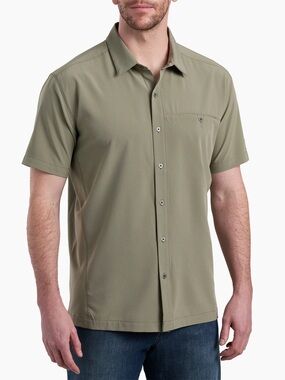 Kuhl Button Down Tufflex Men’s Short Sleeve Polo Sz Medium Olive Green Outdoor